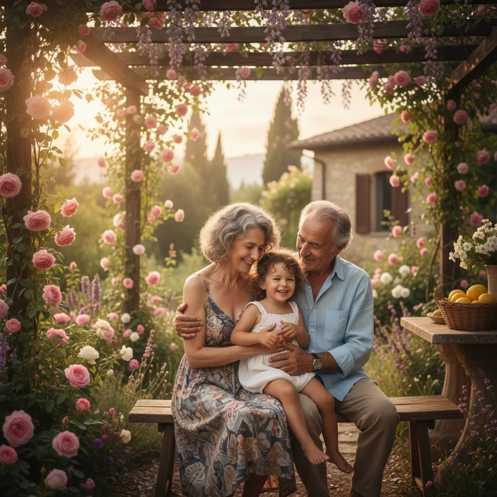 Coppia di nonni sorridenti abbraccia una bambina ridendo sotto un pergolato fiorito con rose rosa, luce dorata al tramonto.