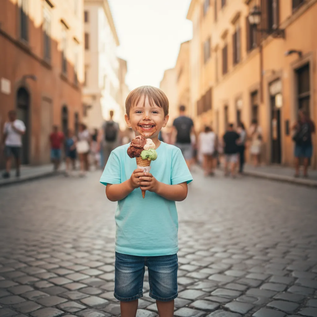 Bambino sorridente con gelato a tre gusti in una strada acciottolata di Roma, turisti sfocati sullo sfondo, sole estivo.