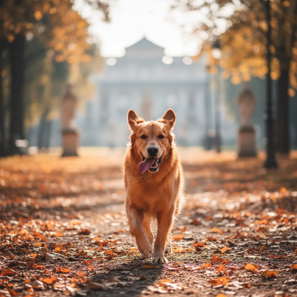 Un cane dorato corre su un vialetto autunnale coperto di foglie rosse, con edificio neoclassico sfocato sullo sfondo.