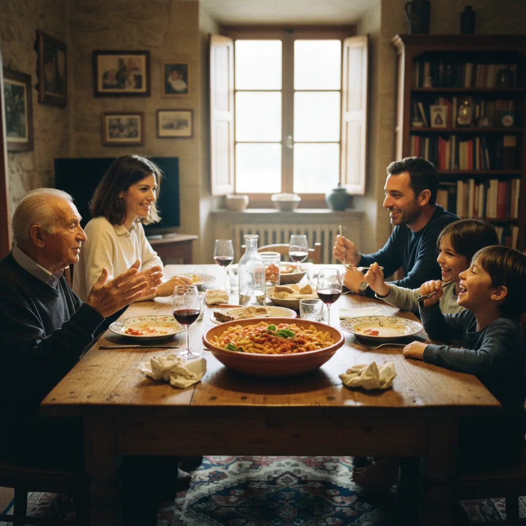 Famiglia multigenerazionale italiana a tavola con pasta al centro, vino rosso e conversazione animata in un interno rustico.