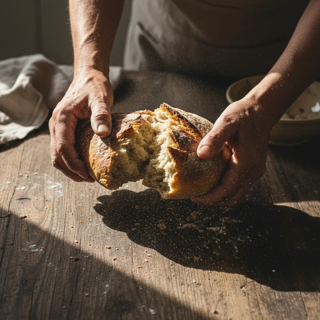 Mani che spezzano un pane rotondo croccante su tavolo di legno rustico, luce laterale naturale, farina nell'aria.