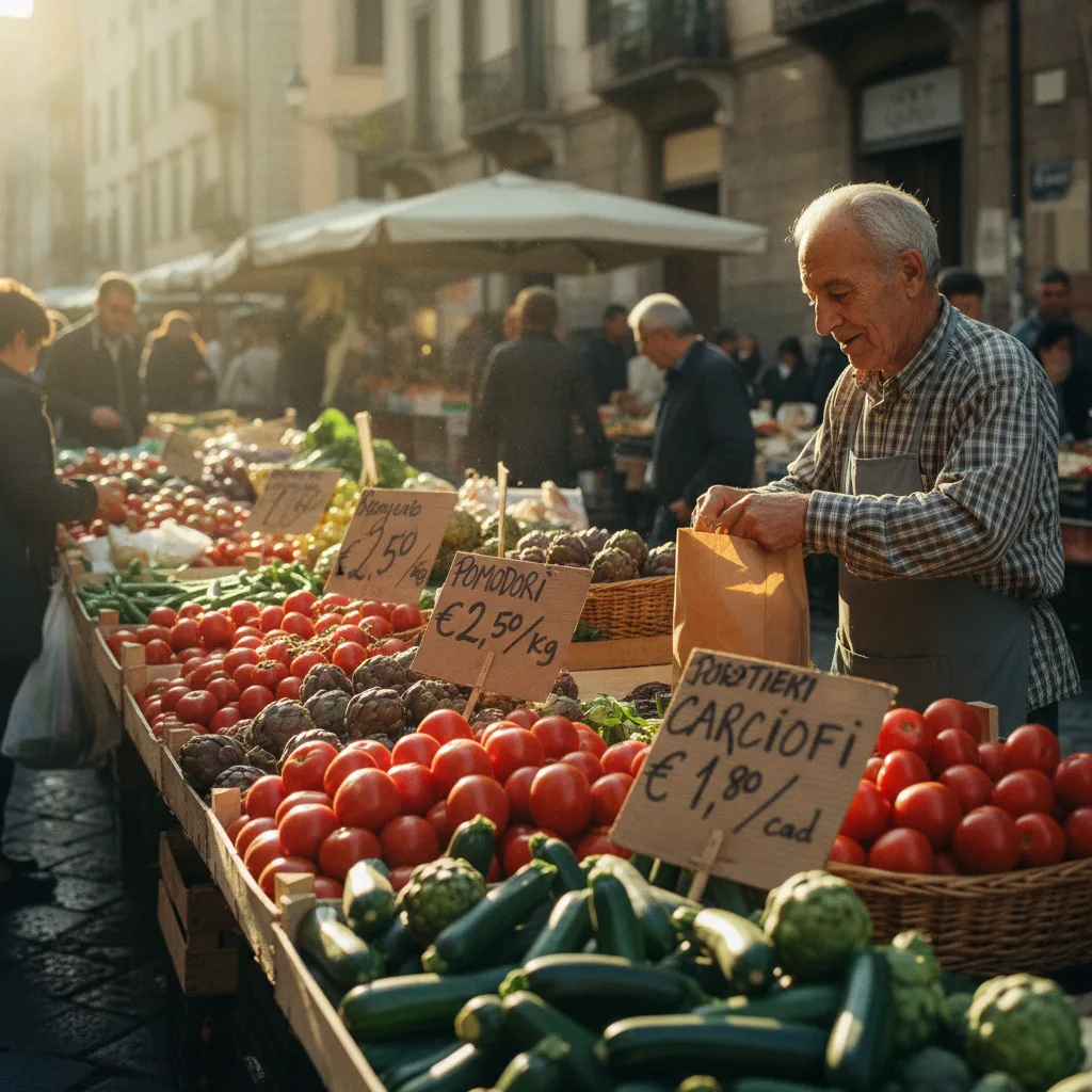 Mercato rionale italiano al mattino: anziano venditore sistema un sacchetto tra pomodori, carciofi e zucchine con cartelli di prezzo scritti a mano.
