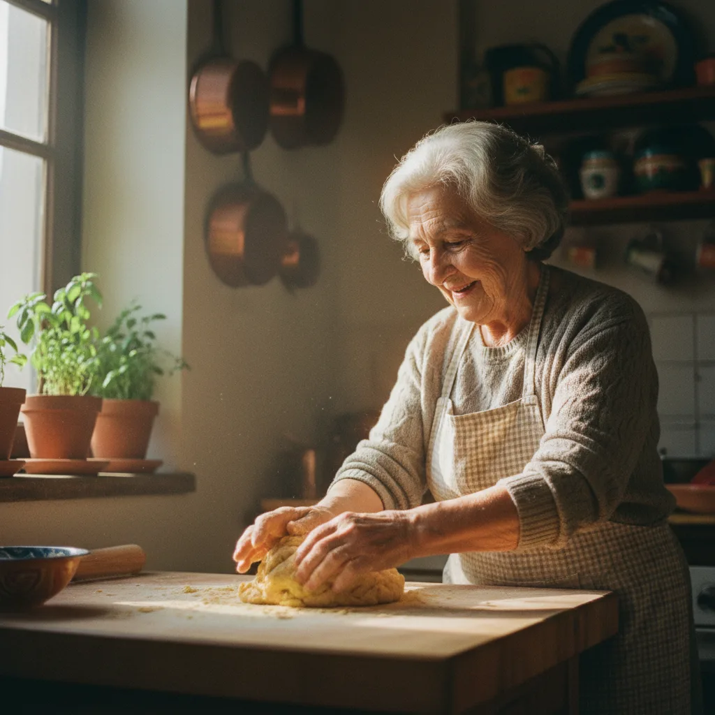 Anziana donna sorridente impasta pasta fresca su tavolo di legno in cucina rustica con luce mattutina dalla finestra.