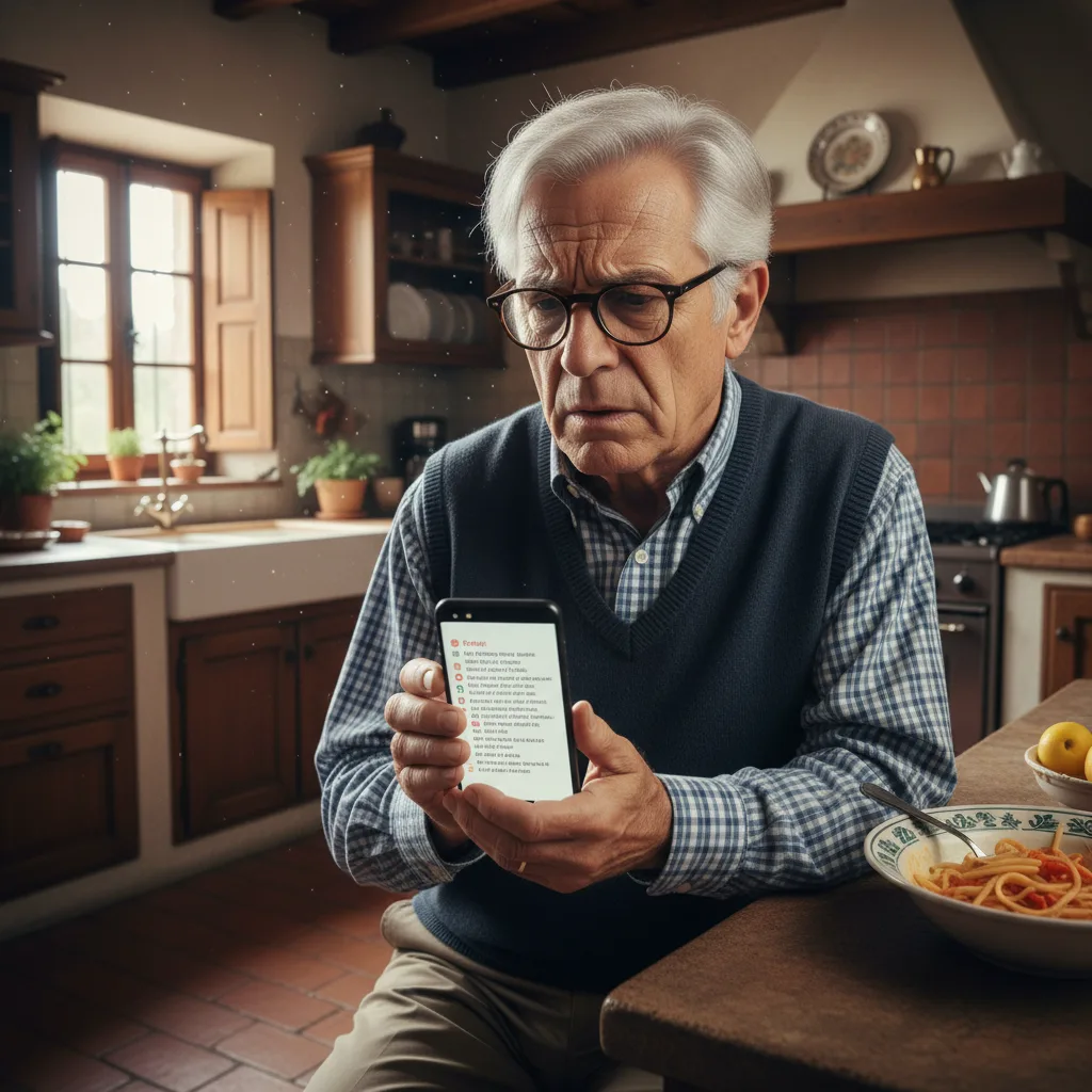 Uomo anziano con capelli bianchi e occhiali guarda perplesso uno smartphone in una cucina rustica italiana con pasta sul tavolo.