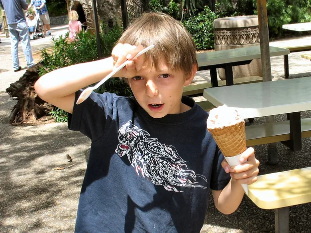 Bambino di circa 7 anni tiene un gelato in cono wafer con una mano e una paletta di plastica sull'altra, in un'area picnic all'aperto.