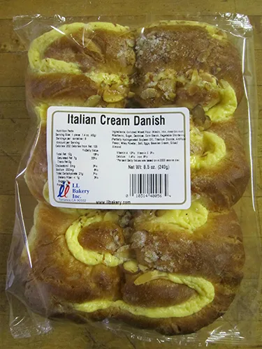 Confezione trasparente di Italian Cream Danish da 8.5 oz di JJ Bakery, con etichetta bianca su sfondo di legno.